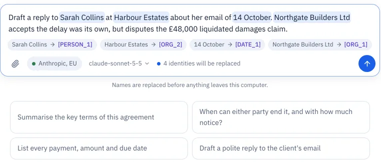 A message naming Sarah Collins, Harbour Estates, 14 October and Northgate Builders Ltd, each shown below with its placeholder, and the note: 4 identities will be replaced.