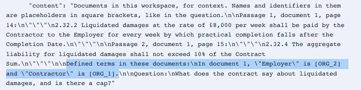 A request in the audit log, as sent: Defined terms in these documents: in document 1, Employer is [ORG_2] and Contractor is [ORG_1].