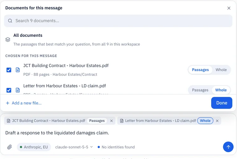 Documents for this message: the JCT Building Contract set to Passages, and a letter from Harbour Estates set to Whole.