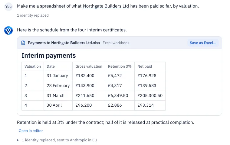 Payments to Northgate Builders Ltd.xlsx: a table of four interim valuations with dates, gross valuation, retention and net paid, and a Save as Excel button.