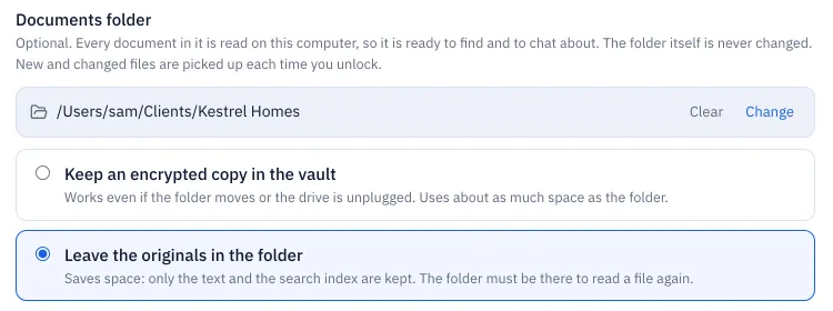 Documents folder for a new workspace, with a choice between keeping an encrypted copy in the vault and leaving the originals in the folder.