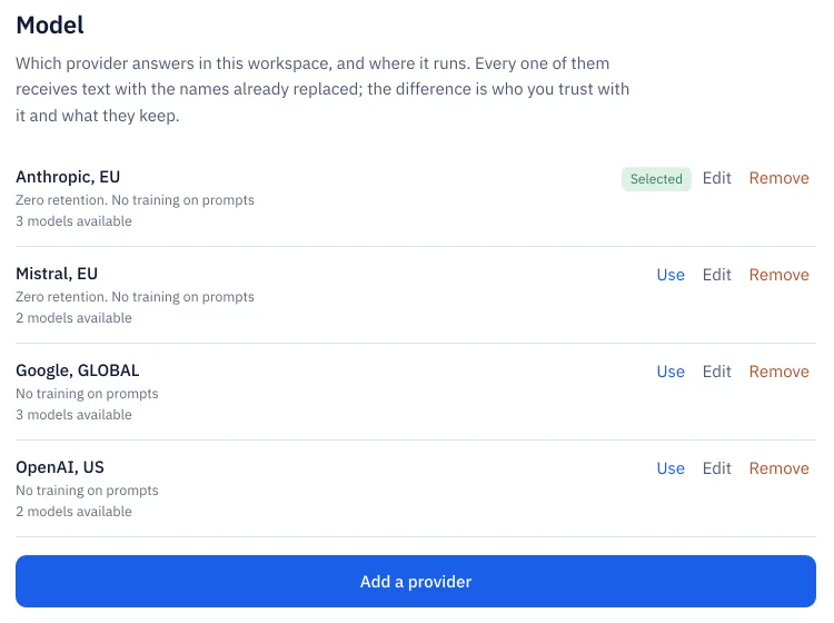 The Model screen listing Anthropic, EU, Mistral, EU, Google, GLOBAL and OpenAI, US, with Add a provider.