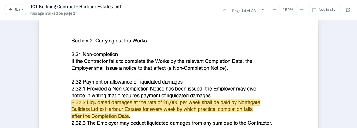 The JCT Building Contract open at page 14 of 88, with the liquidated damages clause 2.32.2 highlighted.