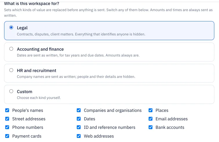 What is this workspace for? Legal is chosen, with Accounting and finance, HR and recruitment and Custom below, and a switch for each kind of value: people’s names, companies, places, addresses, dates and more.