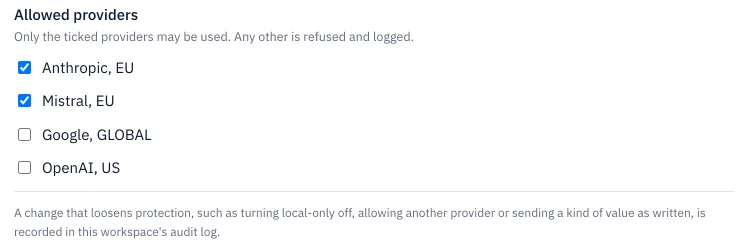 Allowed providers for a workspace: Anthropic, EU and Mistral, EU are ticked; Google, GLOBAL and OpenAI, US are not.