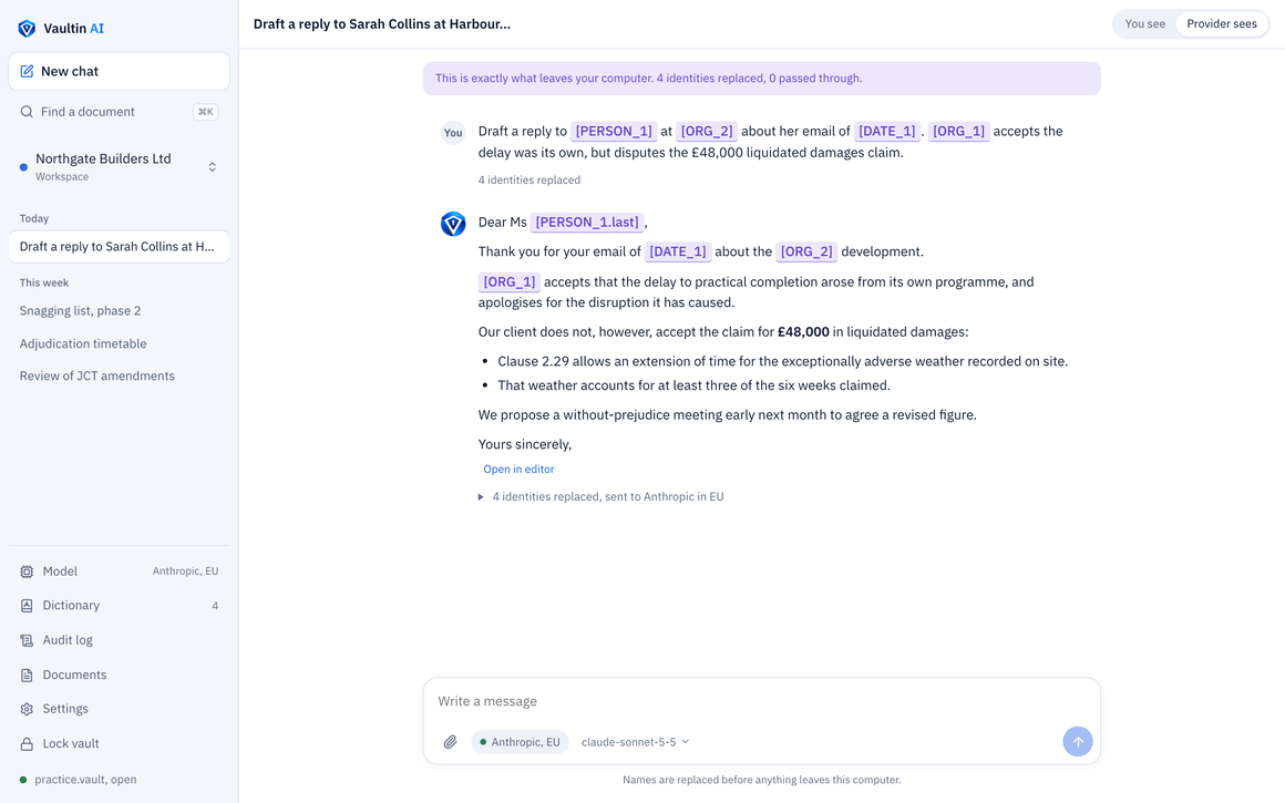 The same conversation as the AI provider received it, with Sarah Collins, Harbour Estates and Northgate Builders Ltd replaced by placeholders such as [PERSON_1] and [ORG_2].