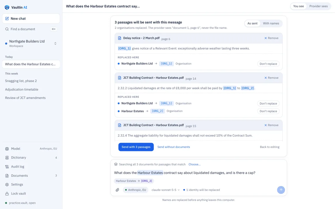 Before sending: 3 passages will be sent with this message. Each passage shows its document and page, and the names replaced in it, such as Northgate Builders Ltd as [ORG_1] and Harbour Estates as [ORG_2], each with a Don’t replace button.