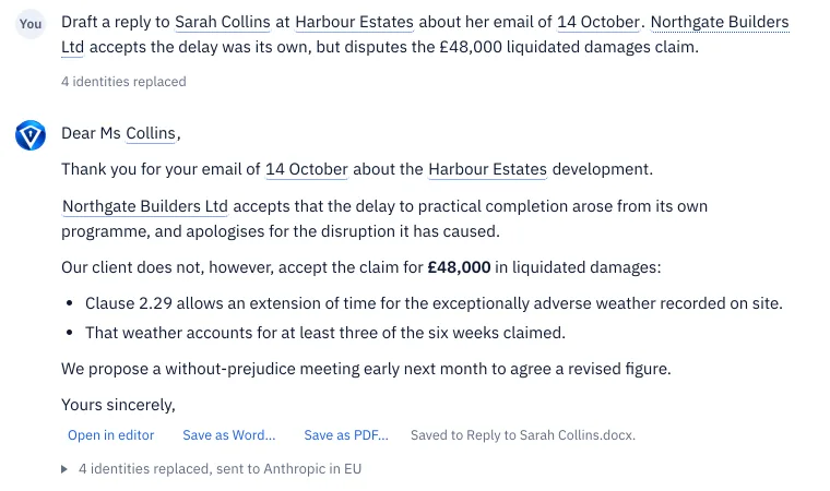 A drafted reply to Ms Collins with Open in editor and Save as buttons, and a note that it was saved to Reply to Sarah Collins.docx.