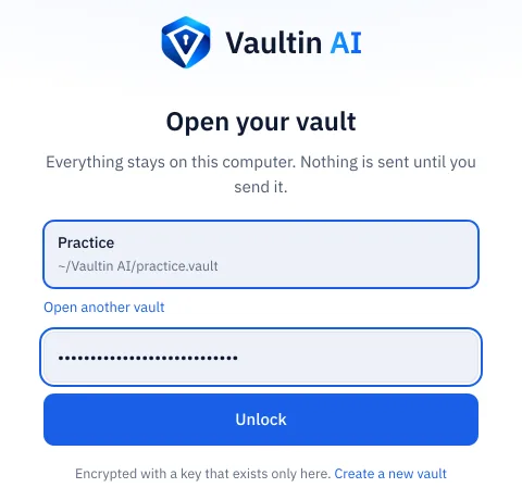 Open your vault: a passphrase field and an Unlock button.