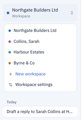 The Vaultin AI workspace list: Northgate Builders Ltd, Collins, Sarah, Harbour Estates, and Byrne & Co.