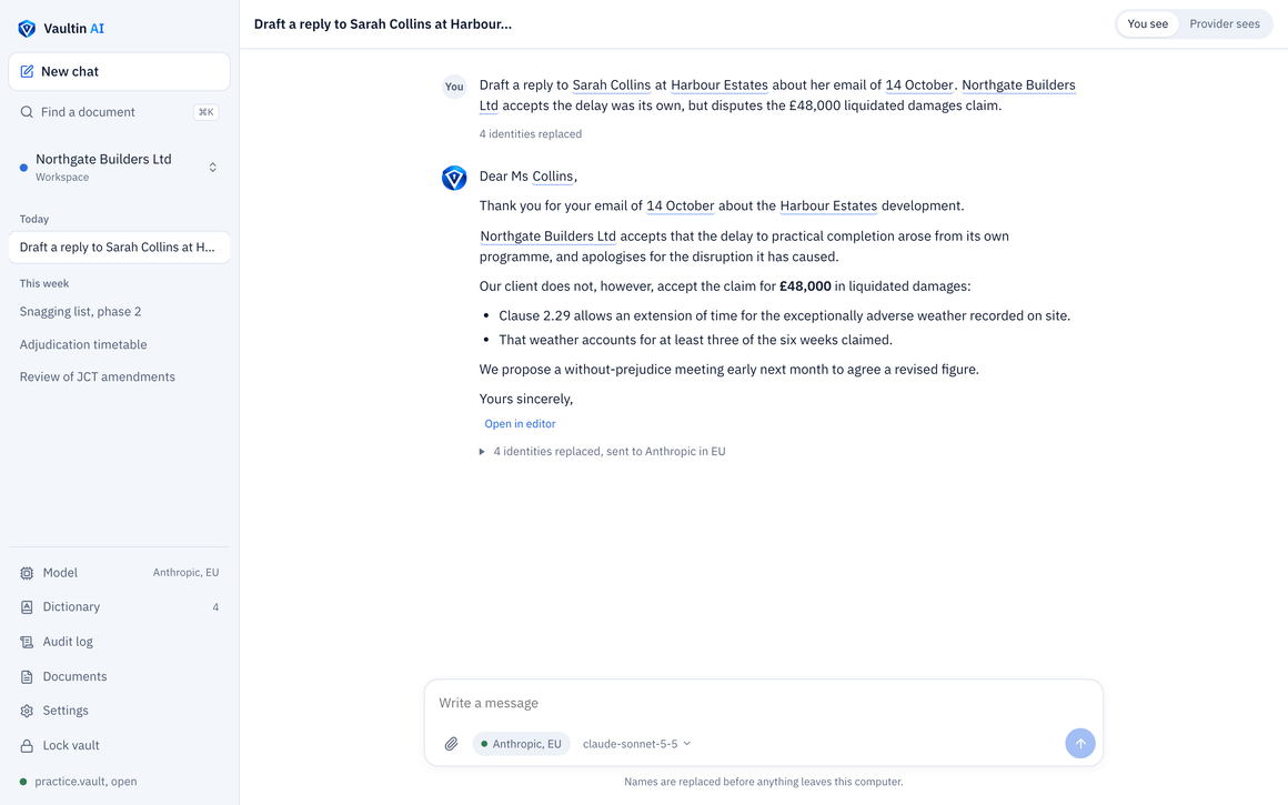 The Vaultin AI app: a reply to Sarah Collins at Harbour Estates, drafted by the AI with the real names in place.